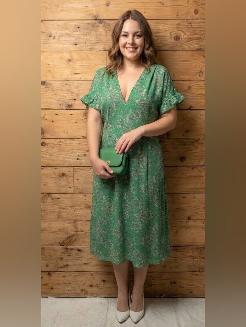Max Studio Green Floral V-Neck Ruffle Sleeve Midi Dress 3X
